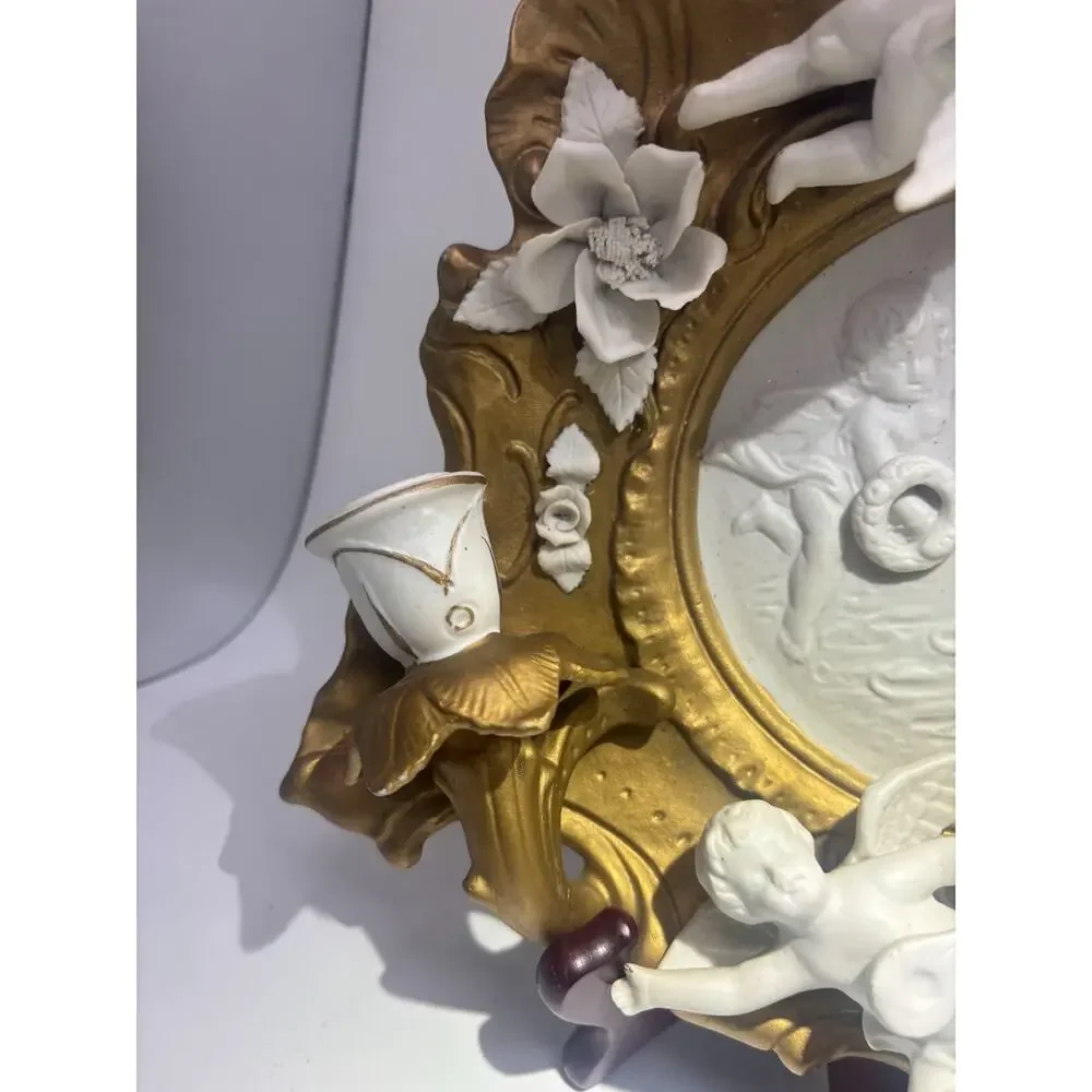 Vintage Art Nouveau Candle Holder Sconce Porcelain Cherubs Angels Gold/ White